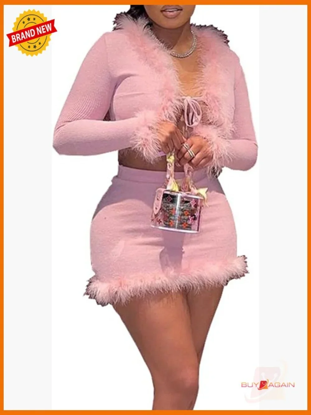 Sexy 2 Piece Outfit Rave Tie-up Feather Trim Fur Long Sleeve Cardigan Set